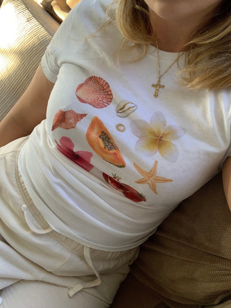 Seashell Vintage Watercolor Collage Tee, Euro Girl Summer Tshirt, Coastal Grandma Tee, Seashell Summer Shirt, Beach Girl Shirt, Y2k Baby Tee