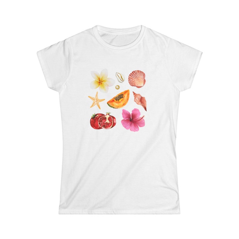 Seashell Vintage Watercolor Collage Tee, Euro Girl Summer Tshirt, Coastal Grandma Tee, Seashell Summer Shirt, Beach Girl Shirt, Y2k Baby Tee image 2