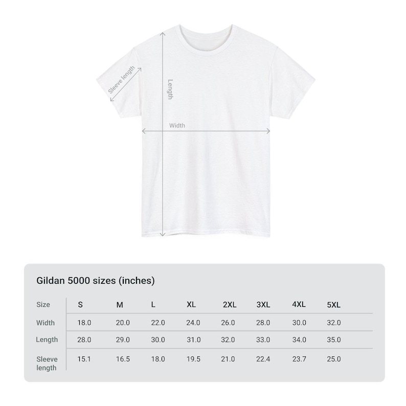 Op de afbeelding: Maattabel voor Gildan 5000 T-shirts in inches, met de breedte, lengte en mouwlengte voor maten S tot en met 5XL.