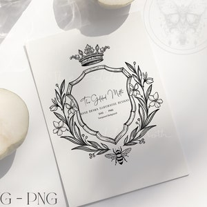 SVG Crown Wedding Crest PNG, 11 kolorów, ramka wieńca kwiatowy logo monogram ślubny clipart, vintage deco line art, botaniczne fiołki pszczół