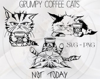 SVG Set of 3 Grumpy Cat Coffee Bundle PNG, Illustrative Unique fun Cat Sketch, sublimation UV, Angry Cat Clipart, diy gift for Coffee Lover