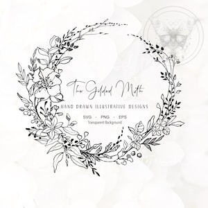 SVG botanische wilde bloemen krans png, handgetekende illustratieve bloemen cirkelframe, diy custom unieke bruiloft teken, canvas logo briefpapier eps