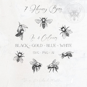 SVG Botanical Honey Bee Bundle PNG, Hand drawn Illustrative clipart, Set of 7 Bees, sublimation, Gold Bug, downloadable, Logo, stationery.