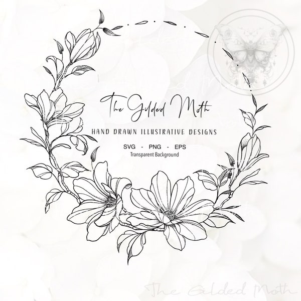 SVG Botanical Magnolia wreath PNG, Hand drawn Illustrative floral wedding frame,  Eps, sublimation, cricut, silhouette, Logo, stationery