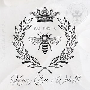 SVG Botanische Honigbiene Krone, Kranz PNG, Handgezeichnete Illustrative Clipart, Sublimation, Goldbienen-Monogramm, herunterladbar, Logo, Briefpapier.