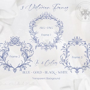 SVG Set of 3 Victorian Wedding Crest Frames Bundle PNG, Blue Chinoiserie Clipart, Gold Baroque Black White, Downloadable Monogram, graphics