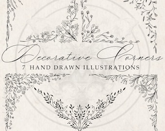 SVG Decorative Wedding Floral corner border Bundle PNG, Illustrative ornate fine line filigree, Hand drawn Artful custom invitation clipart