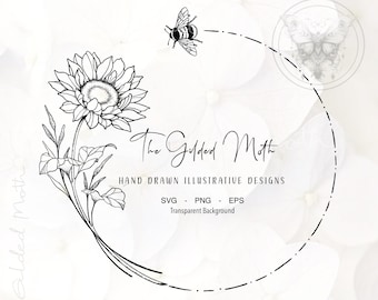 Botanical Sunflower Wreath, Bumble Bee, Hand Drawn Floral Design (SVG, PNG, EPS)