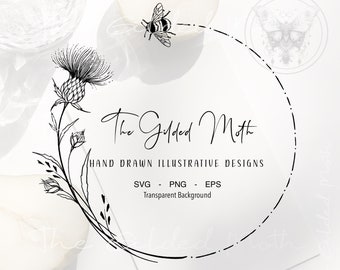 Botanical Thistle Wreath with Bee, Hand-Drawn Illustration (SVG, PNG, EPS)