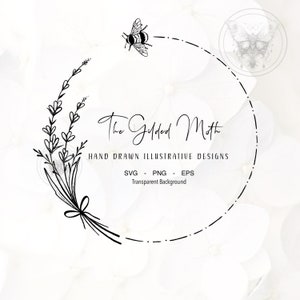 SVG Botanische Lavendel Kranz Bumble Bee PNG, Hand gezeichnete illustrierte Hummel, Eps, Sublimation, Blumen herunterladbar, Logo, Briefpapier