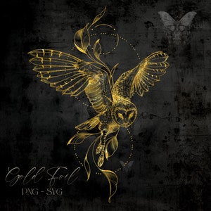 May include: A gold foil illustration of an owl in flight with intricate details. The owl is surrounded by delicate floral elements and a dotted circle. The text "Gold Foil PNG - SVG" is at the bottom of the image.