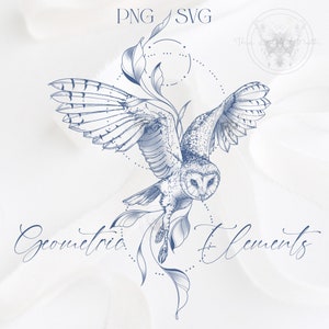 May include: A blue line drawing of an owl with spread wings, flying through a circle of dots. The owl is surrounded by leaves and vines. The text "Geometric Elements" is written below the owl.