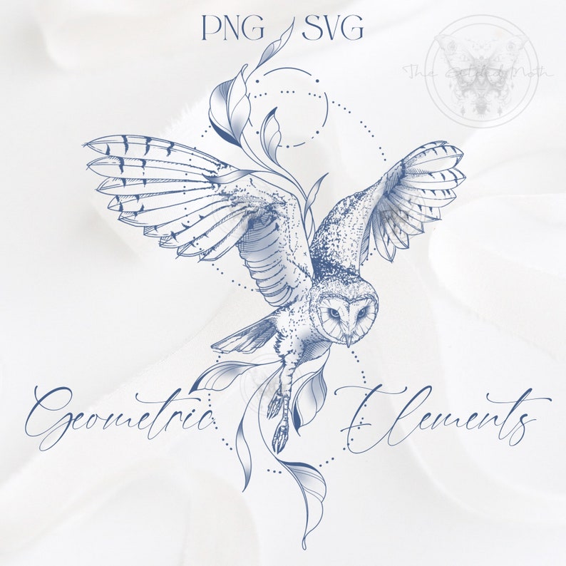 May include: A blue line drawing of an owl with spread wings, flying through a circle of dots. The owl is surrounded by leaves and vines. The text "Geometric Elements" is written below the owl.