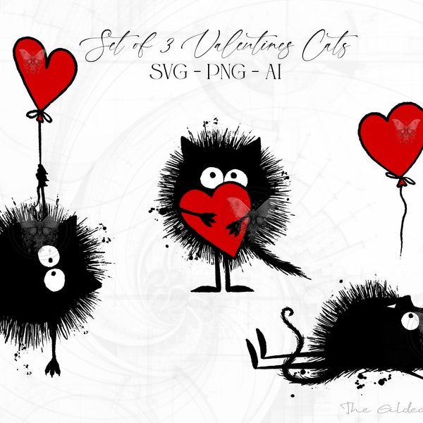 SVG Set of 3 Quirky fun Valentines Cats Sketch Bundle, Handdrawn red heart balloons, Cat Illustrative clipart,  sublimation PNG, Adobe Files