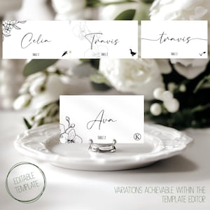 Aangepaste bruiloftsreceptie tafel naam plaatskaarten sjabloon - handgetekende handgetekende moderne plaatskaart met orchidee bloemen, doe-het-menupictogrammen - OC1