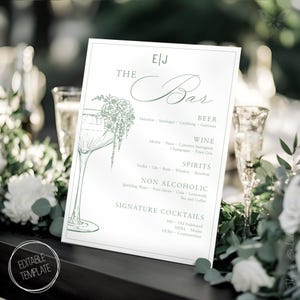Modèle de menu de bar de mariage personnalisé/ enseigne cocktail modifiable vert sauge imprimable à faire soi-même//illustrations chinoises dessinées à la main boissons florales - CE1