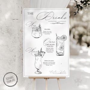 Modelo de bebida de assinatura faça você mesmo // Placa de coquetel personalizada para ele, dela, nosso // Cardápio de bar de casamento personalizado desenhado à mão // Placa de bebida de casamento editável CE1