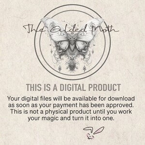 May include: A digital product announcement with a black and white illustration of a stylized butterfly with intricate details. The text reads "The Gilded Moth" and "This is a digital product".