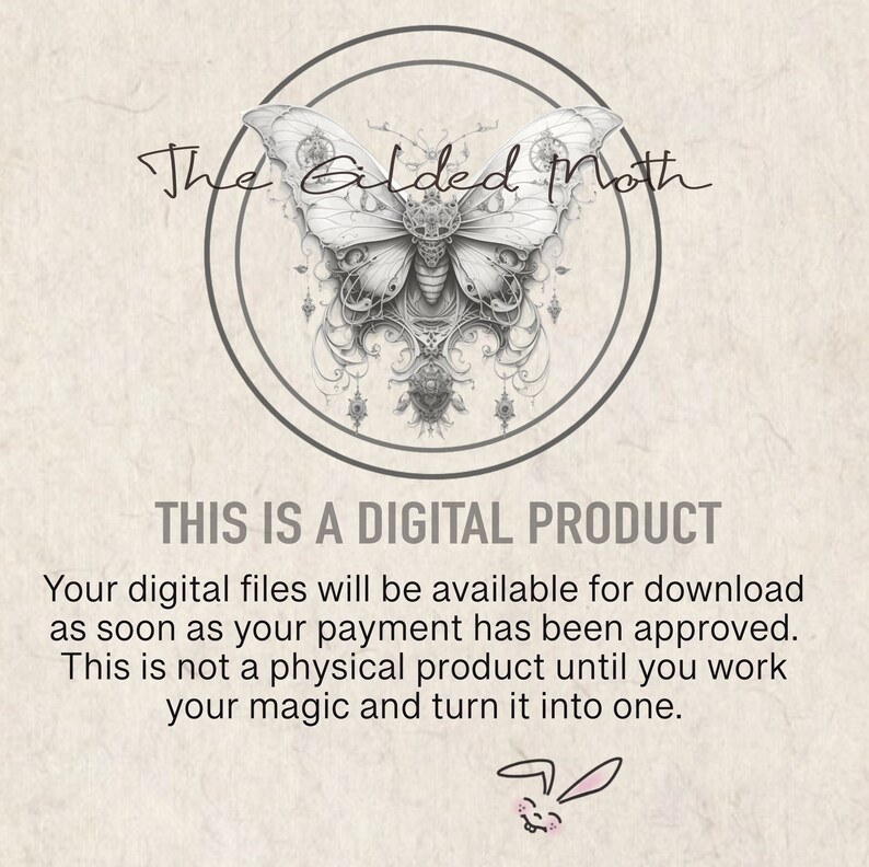 May include: A digital product announcement with a black and white illustration of a stylized butterfly with intricate details. The text reads "The Gilded Moth" and "This is a digital product".