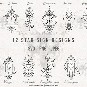 Signo del zodiaco en formato SVG y PNG de estilo boho. Diseño de tatuaje, archivo PNG de sublimación, archivos de corte de mes de nacimiento del zodíaco para Cricut, silueta, clipart de signo de nacimiento. Regalo.