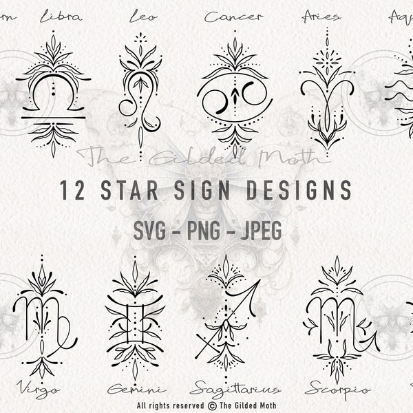 Boho style StarSign svg und png. Tattoo Design, Sublimation png, Zodiac Birth Month cutfiles Cricut, Silhouette, Birthsign Clipart. Geschenk.