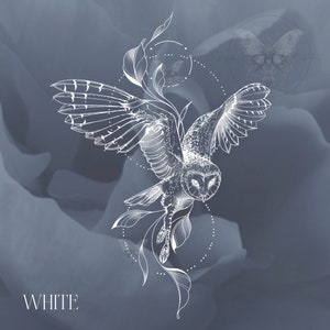 May include: A white line drawing of an owl with its wings spread, flying over a floral design. The word "WHITE" is written below the owl.