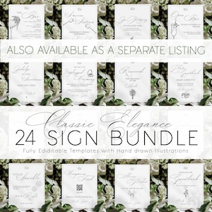 May include: A set of 24 printable wedding signs with hand-drawn illustrations. The signs feature a variety of wedding-related themes, such as "The Bar", "Smore Station", "Reserved for the Family of the Bride", and "Guestbook".