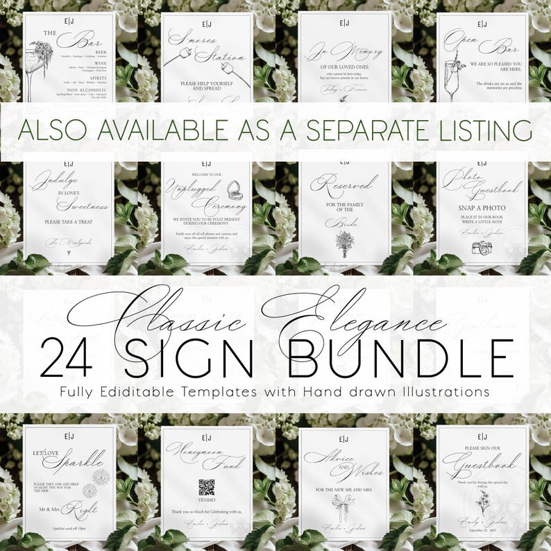 May include: A set of 24 printable wedding signs with hand-drawn illustrations. The signs feature a variety of wedding-related themes, such as "The Bar", "Smore Station", "Reserved for the Family of the Bride", and "Guestbook".