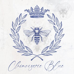 May include: A blue and white illustration of a bee with a crown and laurel wreath. The text "Chinoiserie Blue" is written below the image.