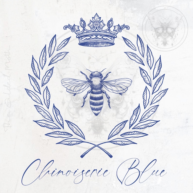 May include: A blue and white illustration of a bee with a crown and laurel wreath. The text "Chinoiserie Blue" is written below the image.