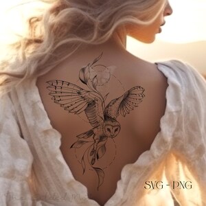 May include: A black and white line art tattoo design of an owl in flight with floral elements and geometric shapes. The design is on a person's back.