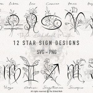 Boho StarSign Blumen svg - png. Tattoo Geburtszeichen Sublimation png, Sternzeichen Geburtsmonat Cricut, Geburtsblume, Clipart, Vektor