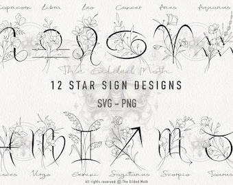 Signo del zodiaco floral SVG PNG: Clipart de flor de nacimiento, diseño de tatuaje