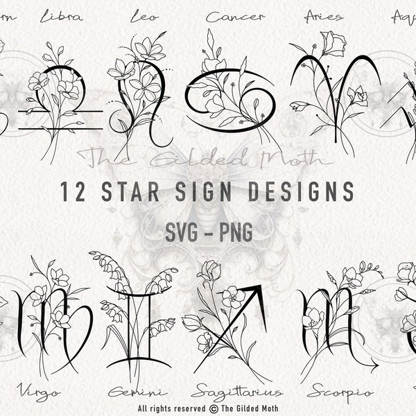 Boho StarSign floral svg - png. Tatouage signe de naissance sublimation png, zodiaque mois de naissance cutfiles Cricut, fleur de naissance, clipart signe de naissance, vecteur