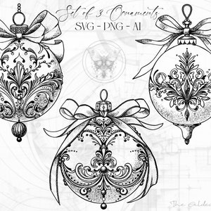 Conjunto SVG de 3 enfeites de Natal Pacote de esboço PNG, enfeites desenhados à mão, decorações redondas, clipart ilustrativo, coquete sublimação de natal