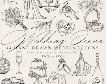 44 Hand Drawn Wedding Icon Graphics Bundle, Black and white Png options. Timeline Clipart, SVG and PNG instant download, line art, Bridal.