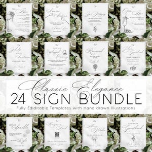 May include: A set of 24 printable wedding signs with hand-drawn illustrations. The signs are white with black text and illustrations. The signs include phrases like "The Bar", "Smore Station", "Reserved for the Family of the Bride", "Photo Booth", "Enjoy Sparkle", "Mangosteen Fund", "Mr. & Mrs. Right", "Guestbook", "Unplugged Ceremony", "Indulge in Love's Sweetness", "Just Married", and "Open Bar".