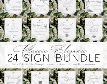 May include: A set of 24 printable wedding signs with hand-drawn illustrations. The signs are white with black text and illustrations. The signs include phrases like "The Bar", "Smore Station", "Reserved for the Family of the Bride", "Photo Booth", "Enjoy Sparkle", "Mangosteen Fund", "Mr. & Mrs. Right", "Guestbook", "Unplugged Ceremony", "Indulge in Love's Sweetness", "Just Married", and "Open Bar".