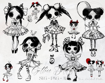 5 whimsical Gothic Dolls Sketch Bundle SVG, Handdrawn Whimsi Goth Girls, Black Red White big eyed Doll Illustrative clipart, sublimation Png