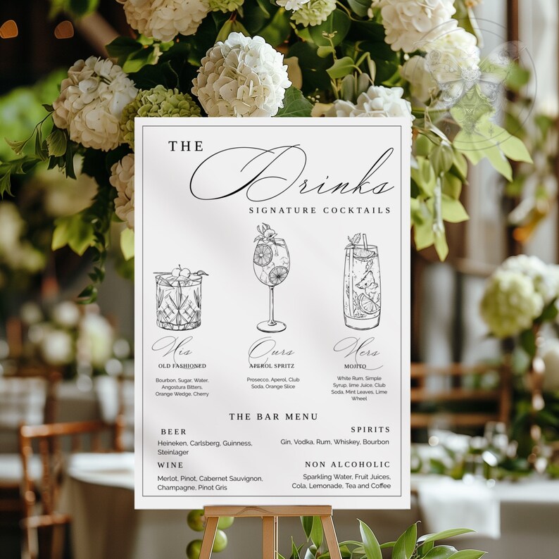 May include: A white sign with black text and illustrations of cocktails. The sign is titled "The Drinks Signature Cocktails" and lists three cocktails: "His Old Fashioned", "Ours Aperol Spritz", and "Hers Mojito". The sign also includes a bar menu with sections for beer, wine, spirits, and non-alcoholic drinks.