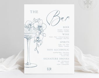 Editable Blue Chinoiserie Wedding Bar Menu Template//Custom Orchid Cocktail Sign DIY printable//Handdrawn Illustrative floral drinks - OC1
