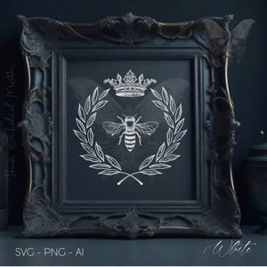 May include: A white bee with a crown and laurel wreath on a dark blue background. The image is in a black frame.