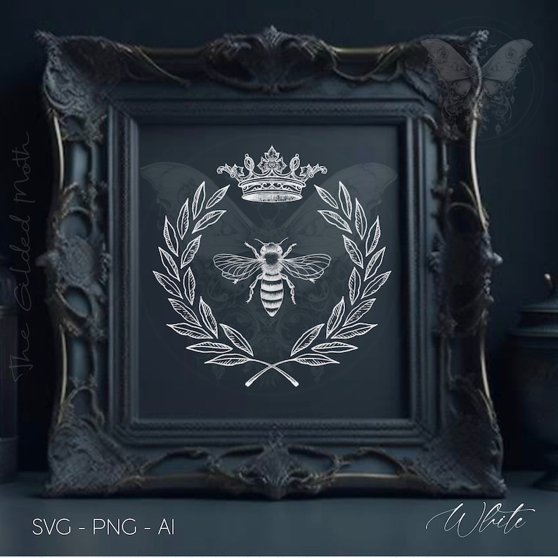 May include: A white bee with a crown and laurel wreath on a dark blue background. The image is in a black frame.