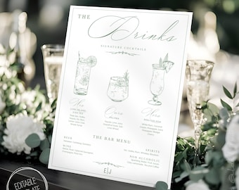 Handdrawn Sage Green Wedding Bar Menu: Signature Cocktail Sign template (Digital Download) CE1
