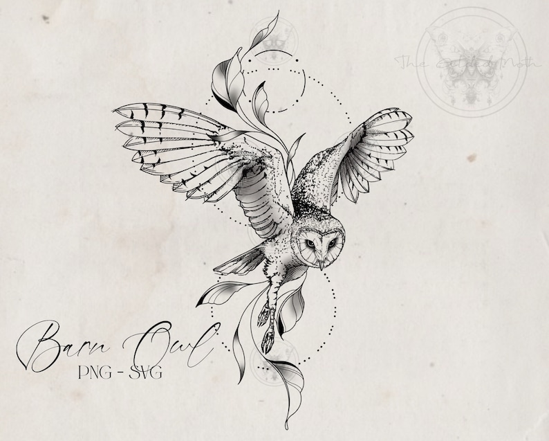 Hand drawn original fine-line black ink illustration of barn owl in flight. Surrounded by dot work circles & botanical foliage. Designed as a micro realism tattoo. High quality 300 dpi PNGs with transparent background. 4 color variations + SVG file