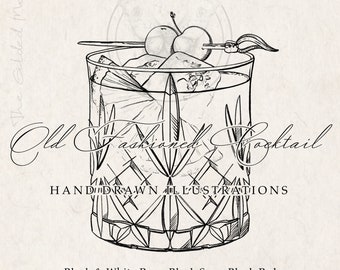 SVG Old Fashioned Cocktail Illustrative PNG, Kirsche Illustration Psd download, Signatur Getränk. Handgezeichnete Skizze, Hochzeit Clipart, Alkohol