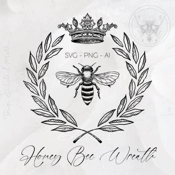 Botanical Honey Bee Crown Wreath, Illustrative Clipart (SVG, PNG, AI)