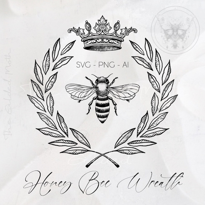 May include: Black and white illustration of a honey bee with a crown above it, surrounded by a wreath of leaves. The text "Honey Bee Wreath" is written below the image.