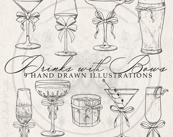 Coquette Bow Drink Cocktail Bundle PNG, Illustrative designs, Custom Signature Cocktail SVG, menu, stationery, Wedding Illustration clipart