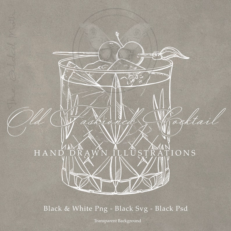 May include: A hand-drawn illustration of an old fashioned cocktail in a cut glass tumbler with two cherries on a skewer. The text "Old Fashioned Cocktail" is written in a cursive font above the glass. The text "HAND DRAWN ILLUSTRATIONS" is written below the glass. The text "Black & White Png - Black Svg - Black Psd" is written below the illustration. The text "Transparent Background" is written below the previous text.